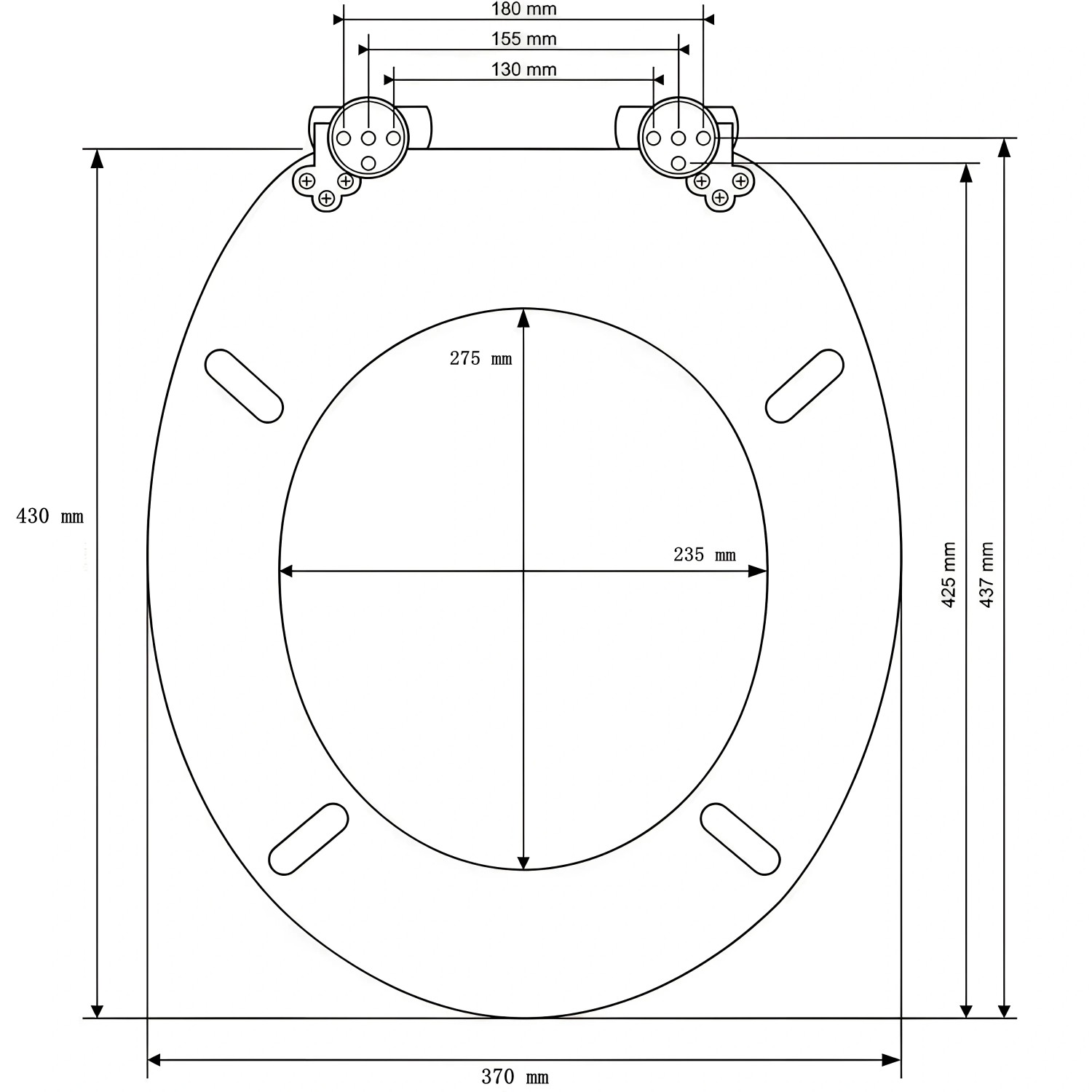 Maßzeichnung Sinobath WC-Sitz mit Absenkautomatik. Zeigt Abmessungen und Metallscharniere für einfache Installation.