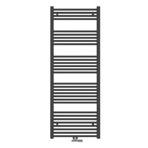 Anthrazitfarbener Emke Badheizkörper/Handtuchwärmer (160x60cm, 761W) mit horizontalen Flachrohren.