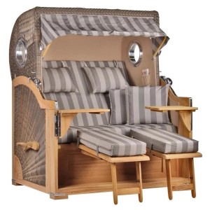 Strandkorb Westerland Teak mit Bullauge, grau gestreift. Hochwertiger Outdoor-Strandkorb für Garten und Terrasse.