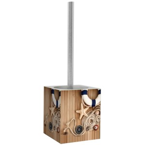 Sanilo WC-Bürste Maritime mit nautischem Motiv: Rettungsring, Seestern und Tau auf Holzoptik.