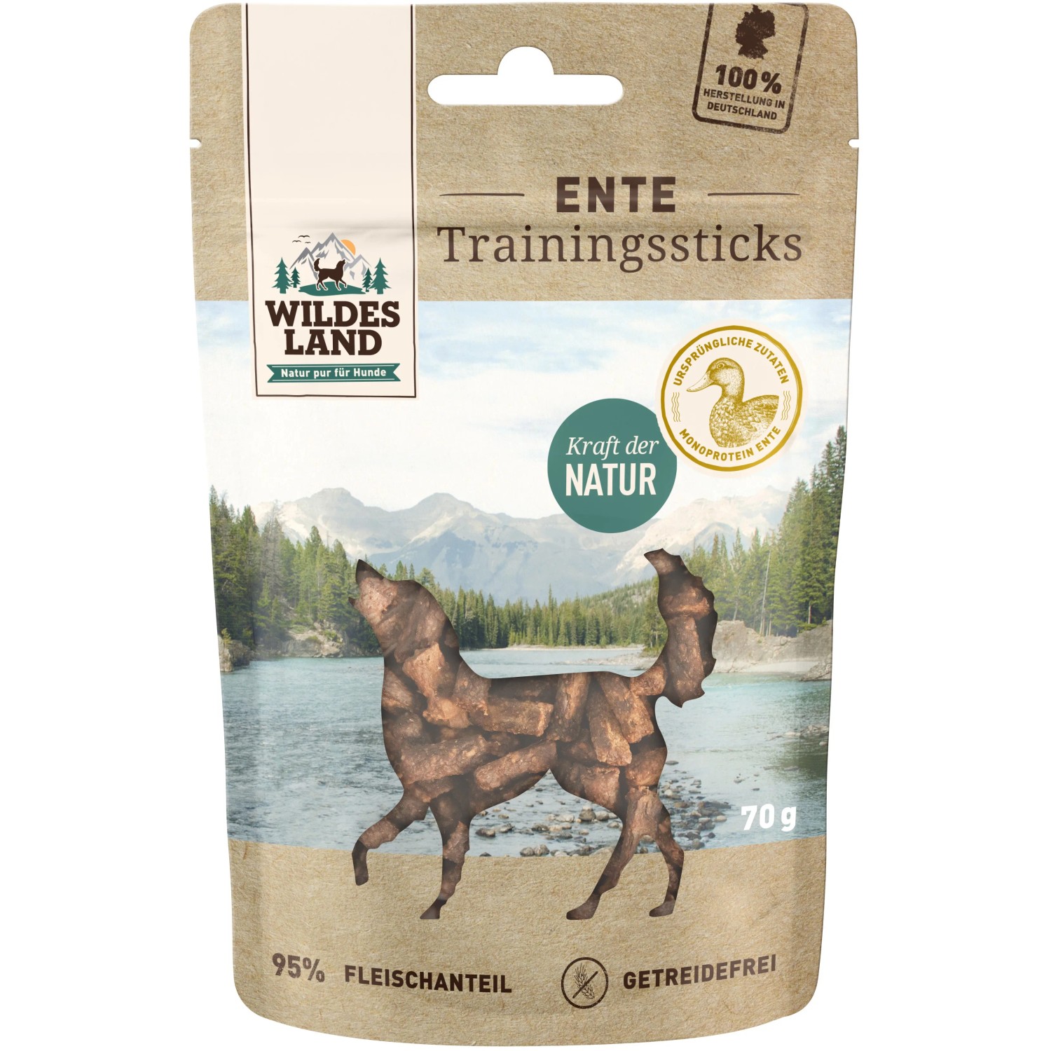 Wildes Land Hunde-Belohnungssnacks Trainingssticks Ente 70 g