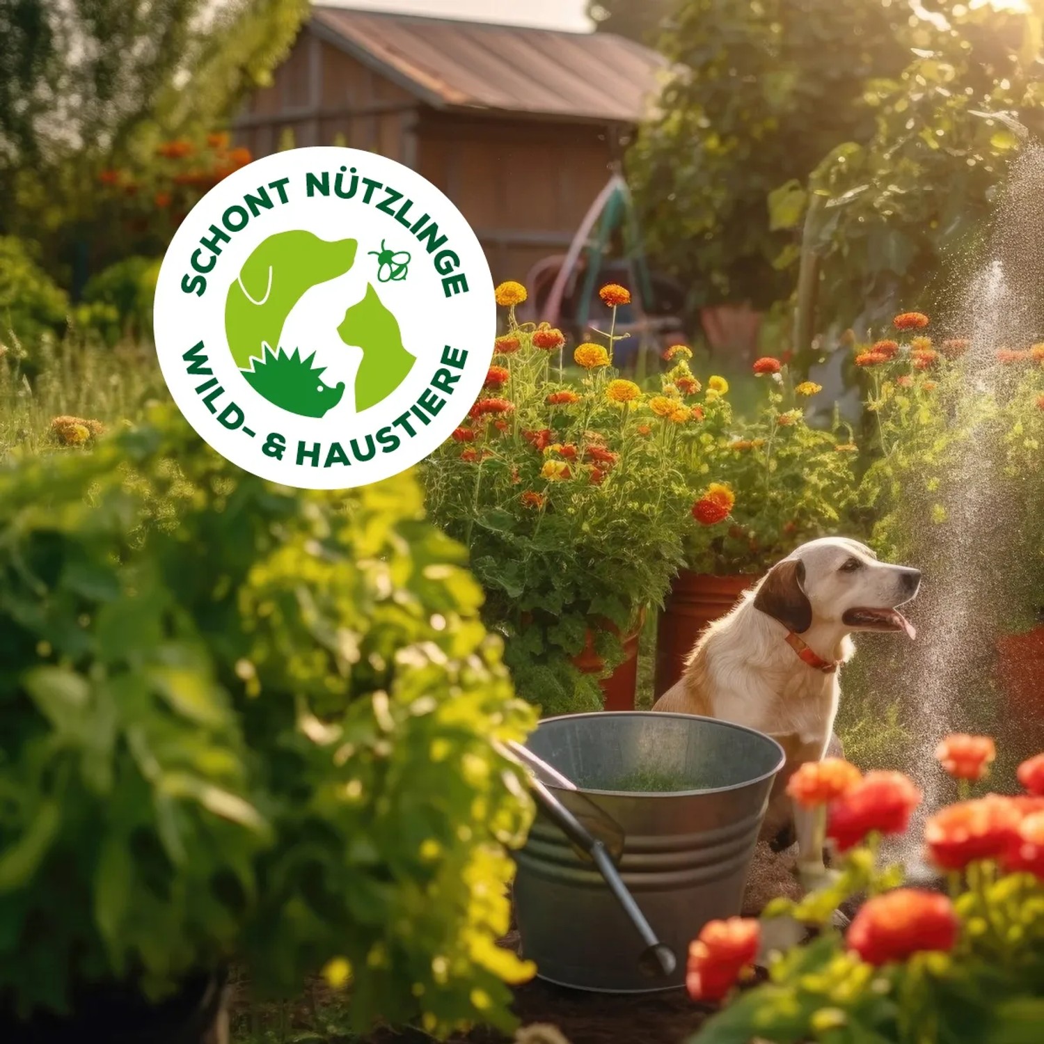 Garten-Szene mit Hund, Blumen und Solabiol Veggie Boost Logo. Universaldünger für gesundes Pflanzenwachstum.