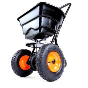 FUXTEC FX-GS36 Streuwagen, schwarz, mit großem Behälter und orangefarbenen Rädern für Salz, Saatgut, Dünger.