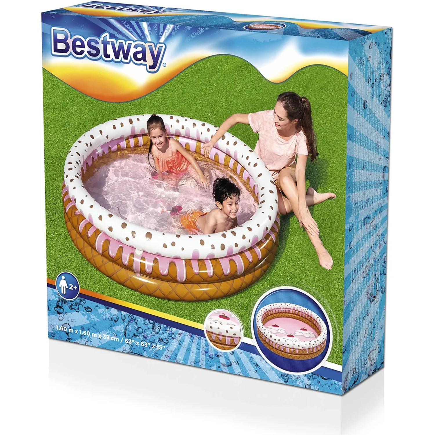 Kinder-Planschbecken im Eisbecher-Design (Ø 160 cm) mit spielenden Kindern und Mutter.