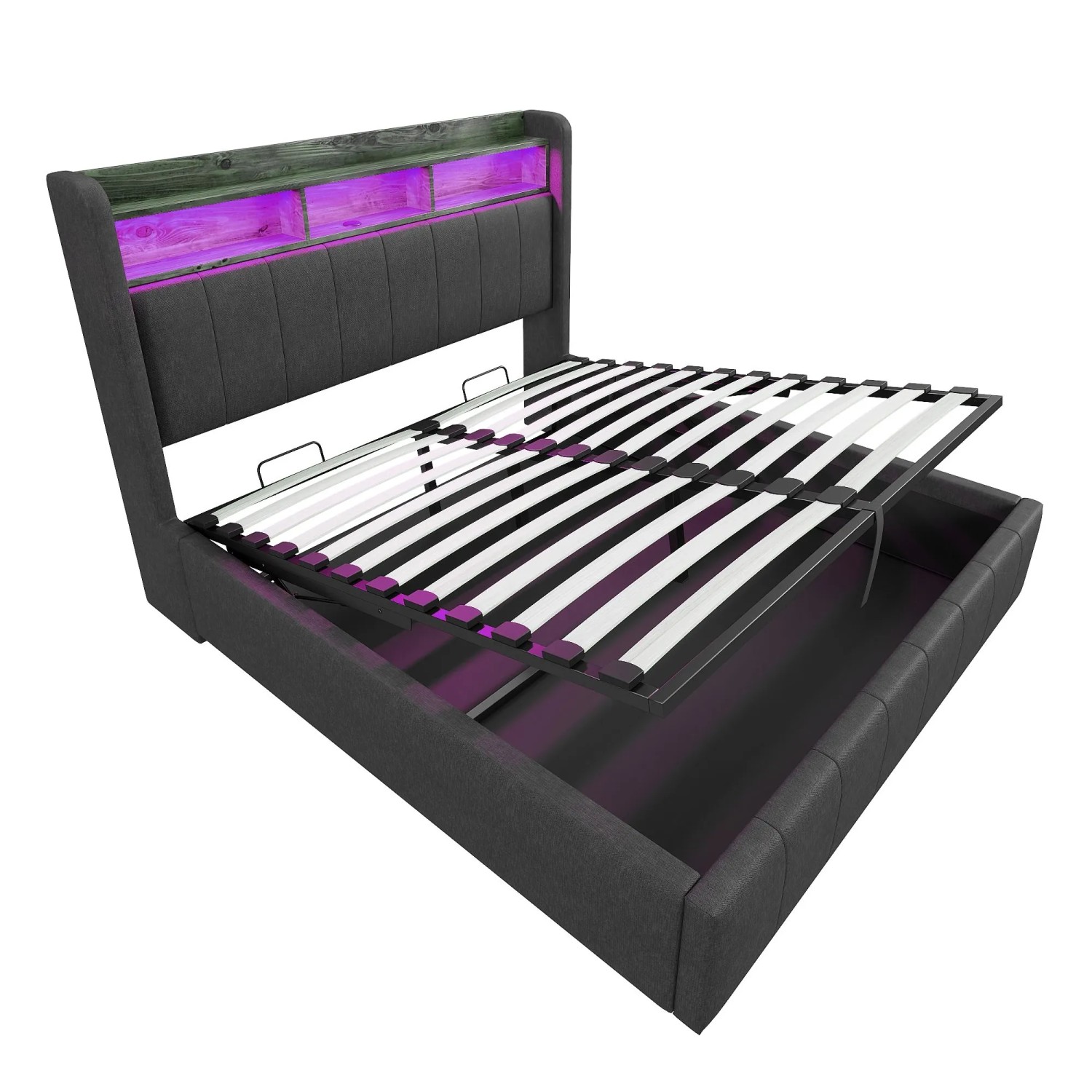 okwish Polsterbett 160x200cm mit LED Beleuchtung und Stauraum Doppelbett Grau ohne Matratze