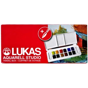 Lukas Aquarell Studio Travel-Box mit 12 Farben und Pinsel, ideal für unterwegs.
