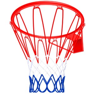 Winnetoo Basketballkorb aus rotem Metall mit blau-weißem Netz für Gartenspielgeräte.