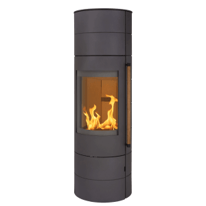 H&M Germany Kaminofen EVO 3.0 XL Stahl-Titan mit Feuer, Panorama Sichtscheibe und Holzfach.