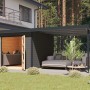 Karibu Gartenhaus Set Domingo B mit Anbaudach in Terragrau-Anthrazit und Lounge-Bereich.