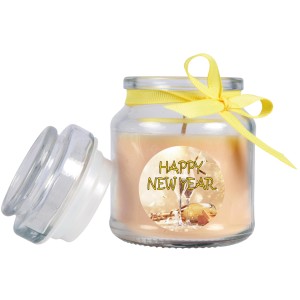 HS Candle Duftkerze Neujahr Creme Bonbon im Glas mit gelbem Band, 30h Brenndauer.