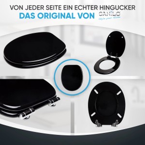 Sanilo WC-Sitz Schwarz mit Absenkautomatik, verschiedene Ansichten.
