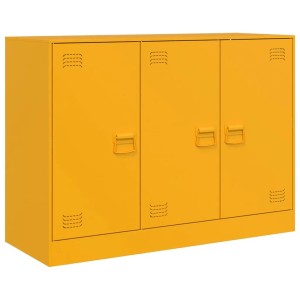 Senfgelbes vidaXL Sideboard aus Stahl, 99x39x73 cm, mit 3 Türen und Griffen.