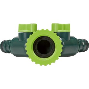 2-Wege-Ventil 13 mm (1/2) aus Kunststoff für Gartenbewässerung mit zwei grünen Drehventilen.