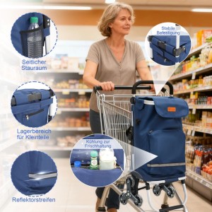 Sekey 3-in-1 Einkaufsroller Treppensteiger blau mit Kühlfach und Spanngurt im Einsatz.