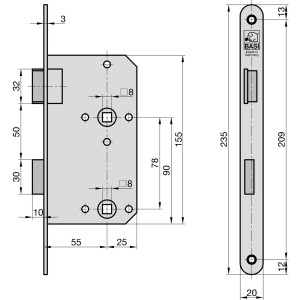 Technische Zeichnung: Basi Einsteck-Zimmertürschloss ES 935 BAD, DIN Rechts, mit Maßen.