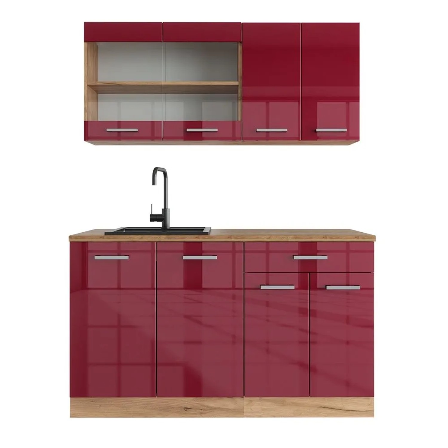 Vicco R-Line Singleküche Bordeaux Hochglanz Goldkraft Eiche 140 cm AP Eiche ohne E-Geräte
