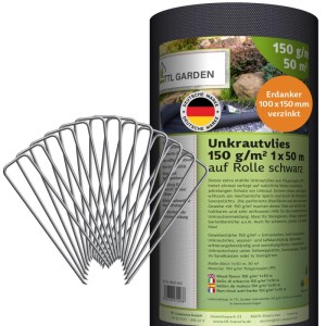 TTL GARDEN Unkrautvlies 150g/m² mit Erdankern, Rolle 1x50m, schwarz. Gartenvlies gegen Unkraut.