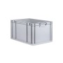 Graue PROREGAL Eurobox NextGen Grip, 65 Liter, mit Auflagedeckel und Schiebeschnappverschlüssen.