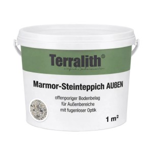 Terralith Marmor Steinteppich Mix Pisa im weißen Eimer für 1 m² Außen. Offenporiger Kiesbodenbelag mit Naturstein.