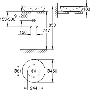 Technische Zeichnung Grohe Essence Aufsatzwaschbecken, 45 cm, Alpinweiß, Maße und Details.