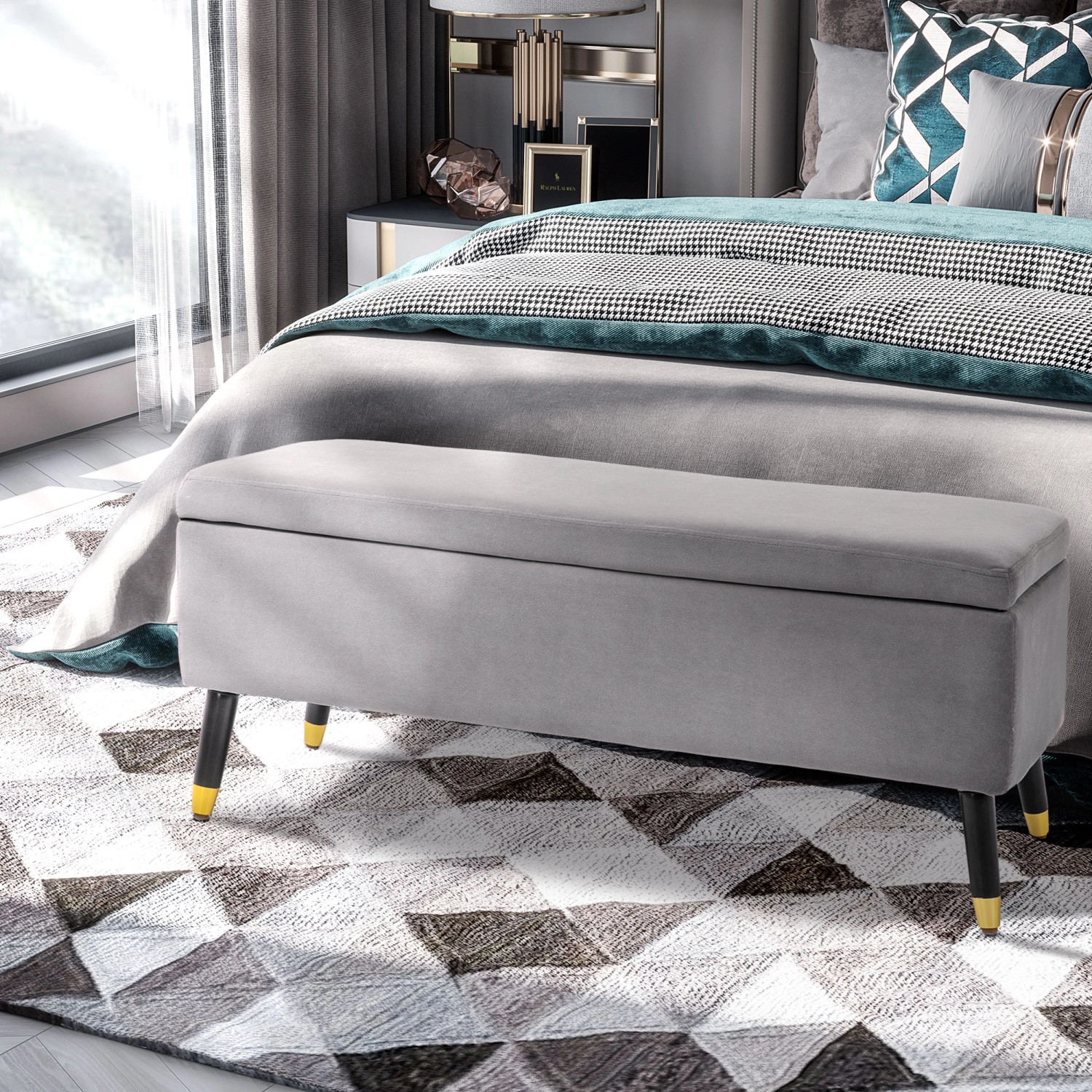 Graue HOMCOM Sitzbank mit Stauraum, Metallbeine, Schaumstoffpolsterung, 110x43x45 cm.