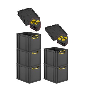 PROREGAL Sparset: 5 schwarze Euroboxen mit gelben Griffen und Auflagedeckel. Aufbewahrungsboxen stapelbar.