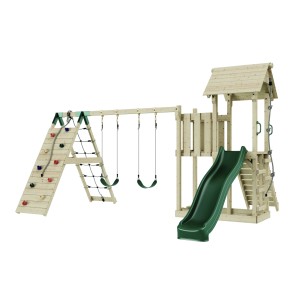 OutdoorToys Spielturm Roskilde mit Schaukel, Kletterwand und Rutsche.