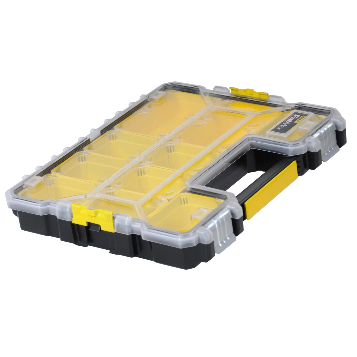 Stanley FatMax Profi-Organizer mit flachen Fächern, spritzwassergeschützt, für Kleinteile und Zubehör.