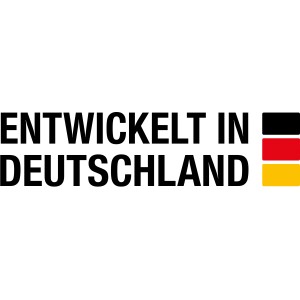 Logo: "Entwickelt in Deutschland" mit deutscher Flagge.