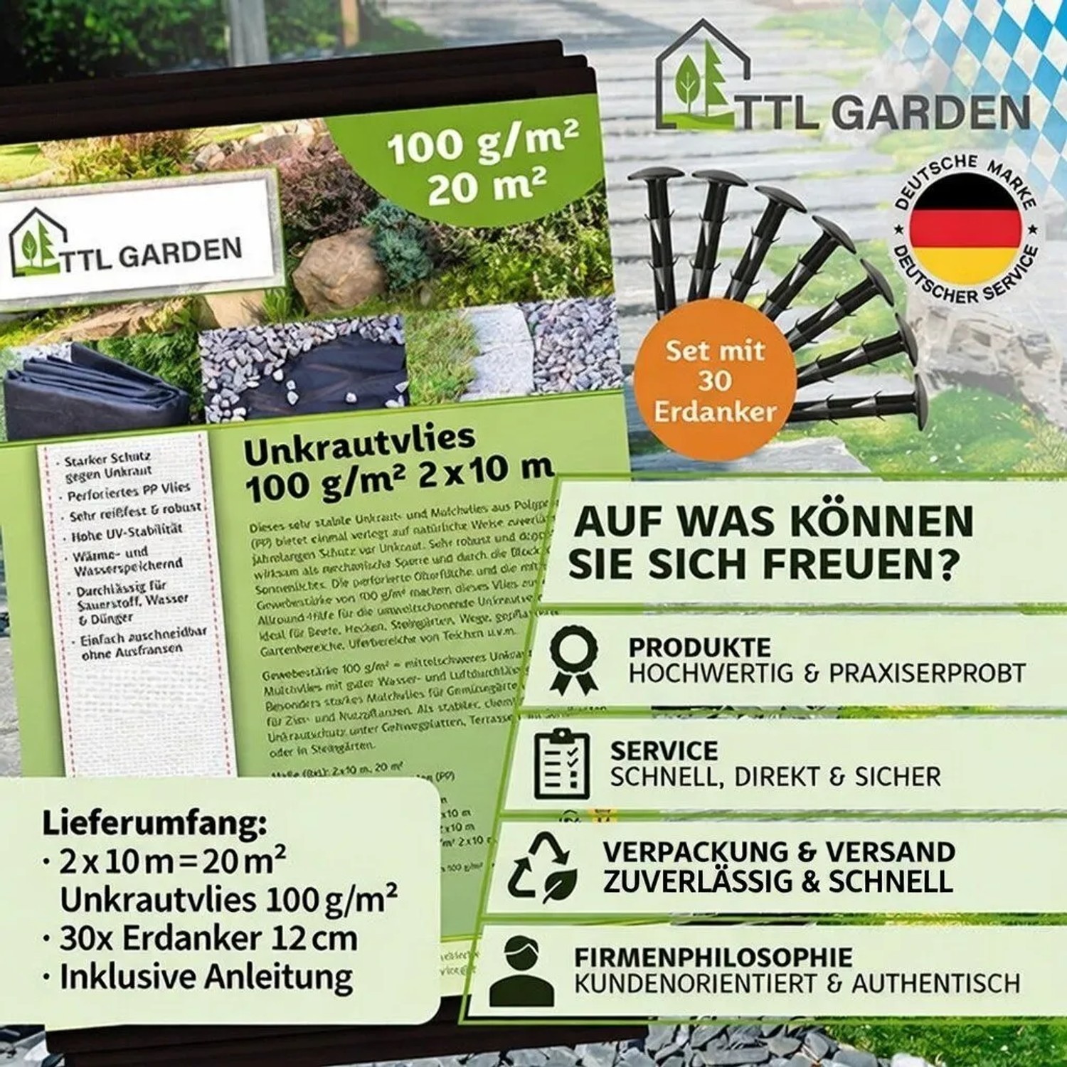 TTL GARDEN Unkrautvlies 100g/m² 2x10m schwarz mit 30 Erdankern. Robustes Gartenvlies für Beete & Wege, UV-stabil.