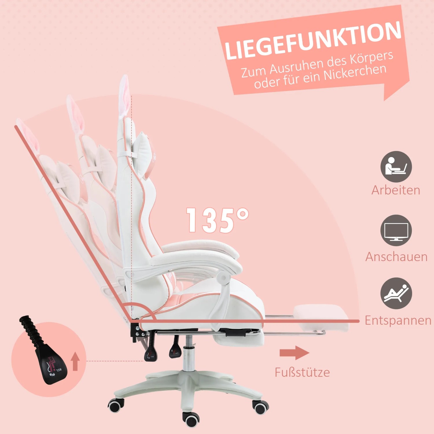 Rosa Gaming-Stuhl mit Kunstleder, Hasenohren, Fußstütze und Liegefunktion bis 135°.