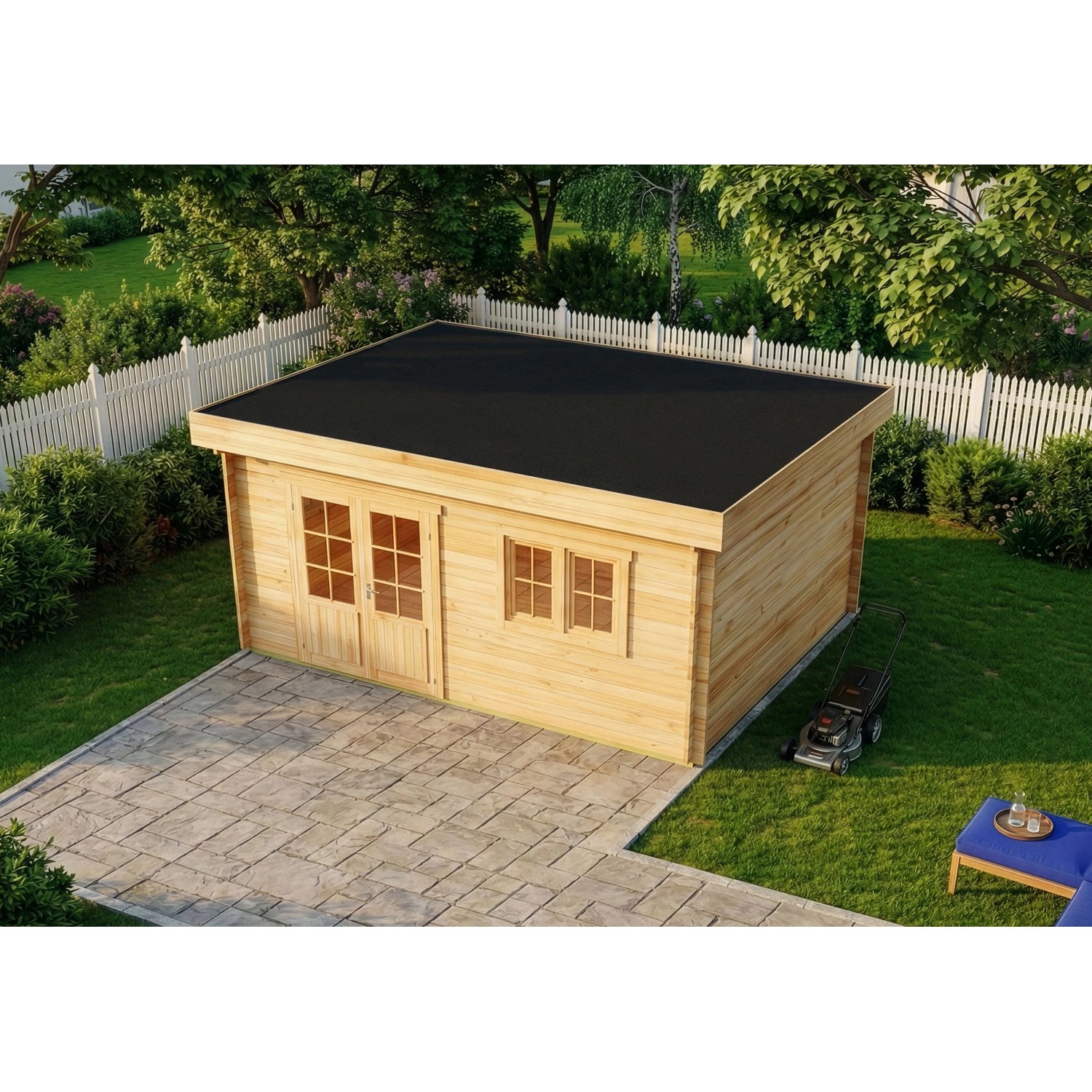 Naturbelassenes Alpholz Gartenhaus Spree-28B mit Pultdach, Fenster und Doppeltür.