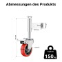 Wiltec Torrolle mit Bremse: Technische Zeichnung, Maße, rotes Rad, Metallgehäuse, 150 kg Tragkraft.