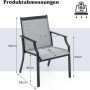 Grauer Gartenstuhl mit schwarzem Metallrahmen und grauer Stoffbespannung. Abmessungen: 90x66x61cm, Sitzhöhe 42cm, Belastbarkeit 150kg.