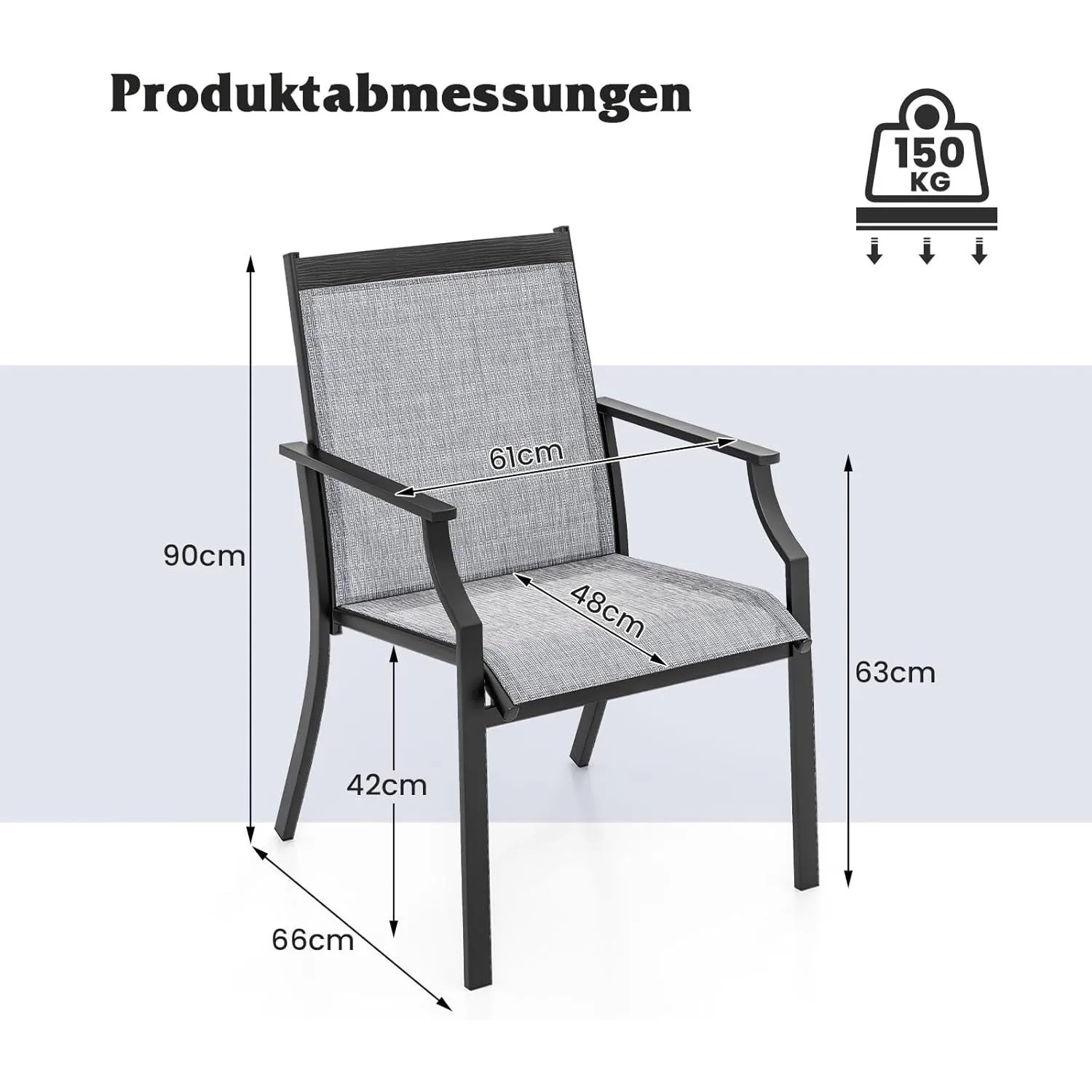 Grauer Gartenstuhl mit schwarzem Metallrahmen und grauer Stoffbespannung. Abmessungen: 90x66x61cm, Sitzhöhe 42cm, Belastbarkeit 150kg.