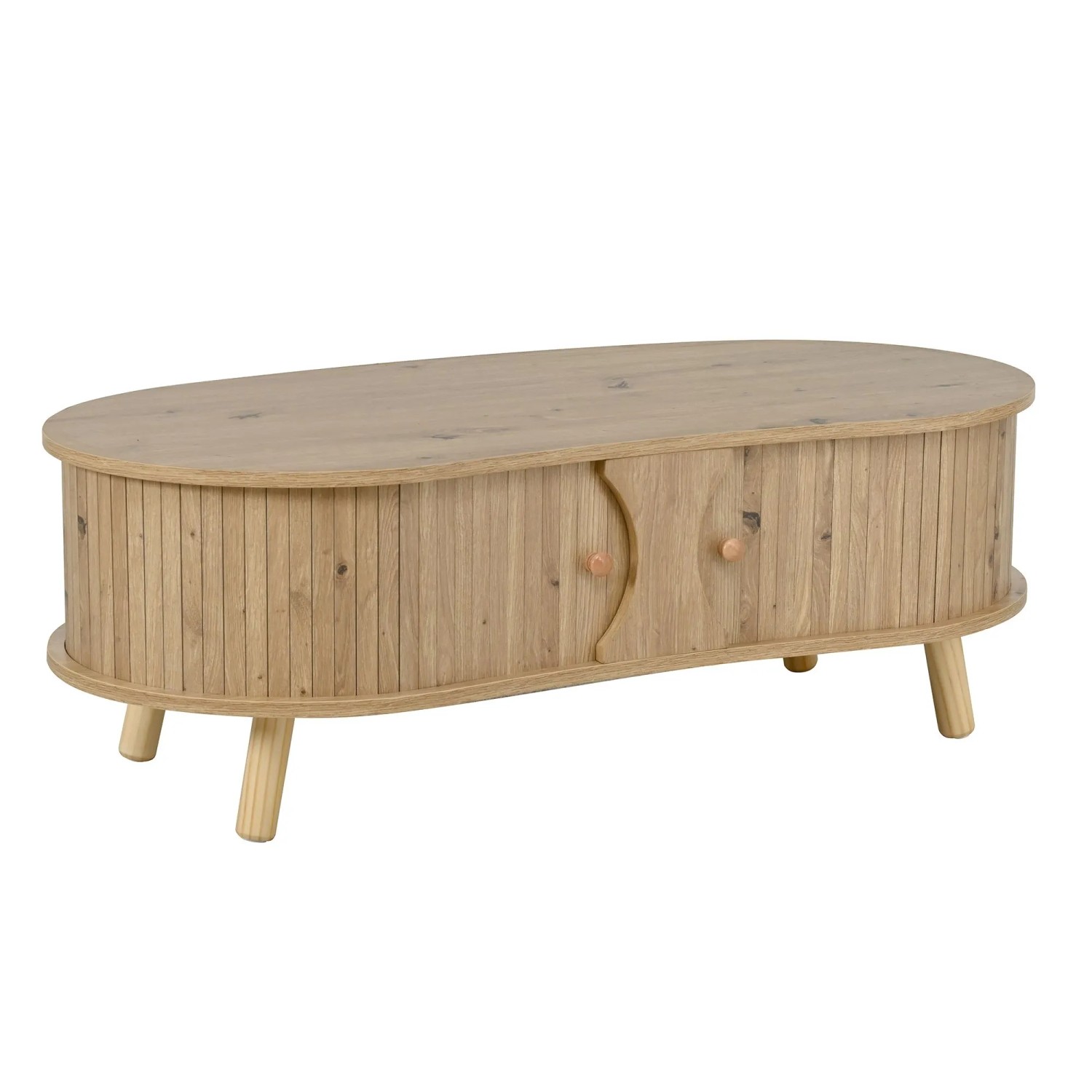 okwish Couchtisch Erbsenförmig Rillenoptik Schiebetüren MDF Massivholzbeine 108x50x37cm Natur