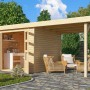 Naturbelassenes Karibu Express Gartenhaus Speedy B Set mit Schleppdach und Sitzbereich.
