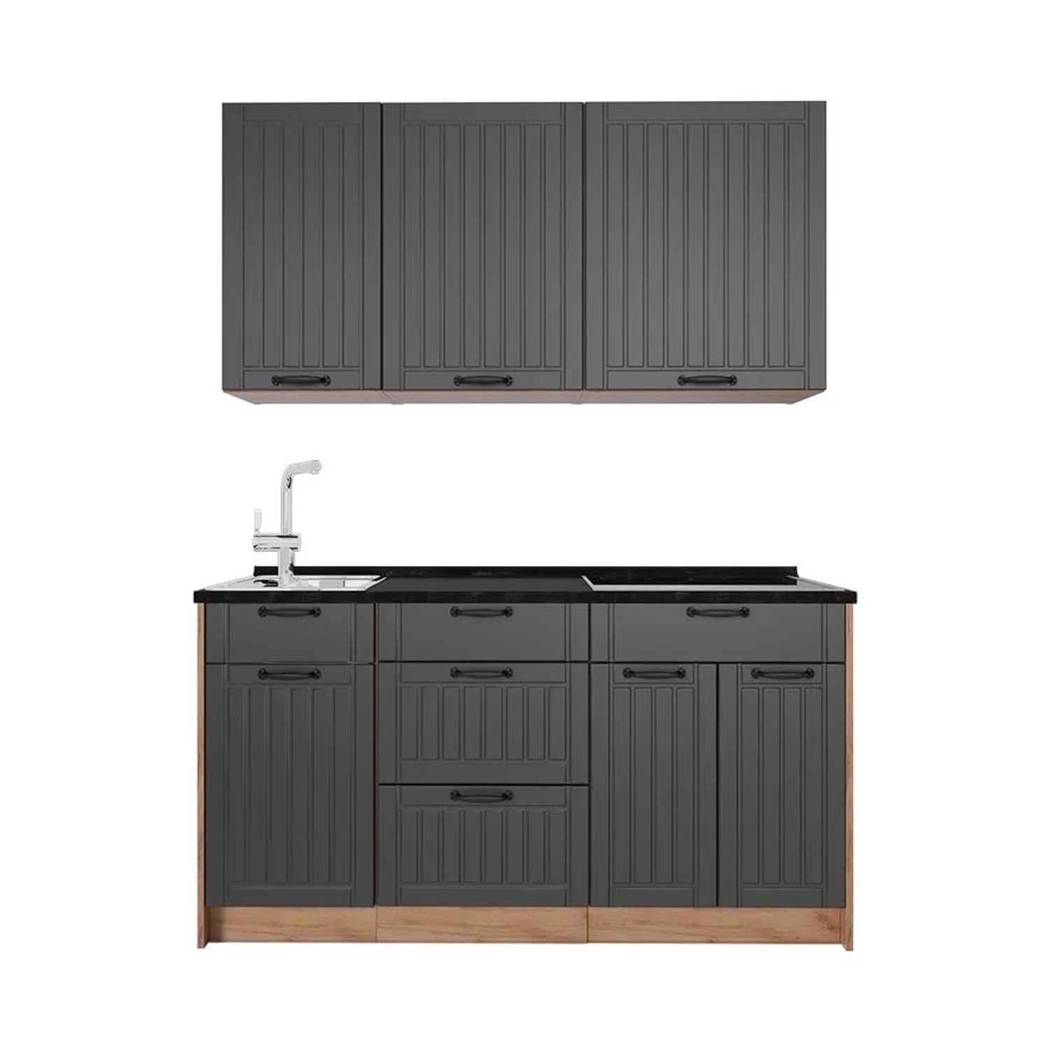 Vicco Singleküche Fame-Line Dunkelgrau/Goldkraft Eiche 150 x 82 AP Anthrazit Art Nr 64783