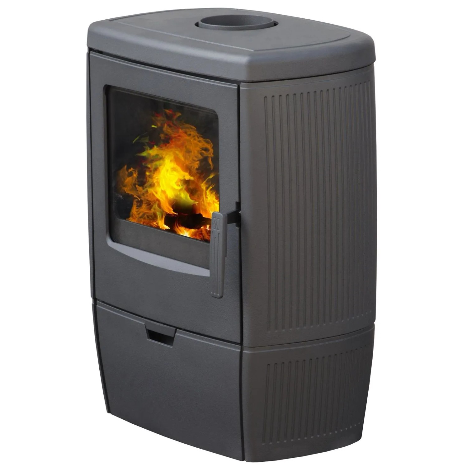 Plamen Gusskaminofen Modell Alberto, 8,6 kW, mit Sichtscheibe und Holzfeuer.