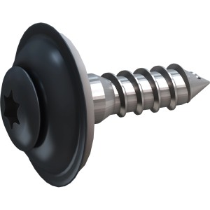 Nahaufnahme einer anthrazitfarbenen SDF Spenglerschraube (4,5x20 mm) mit Dichtscheibe.