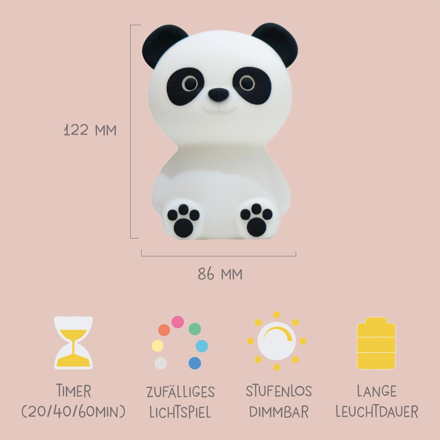 MegaLight LED Nachtlicht Paddy Panda, dimmbar, mit Timer & RGBW. Weißer Panda mit schwarzen Ohren & Pfoten, 122x86mm.