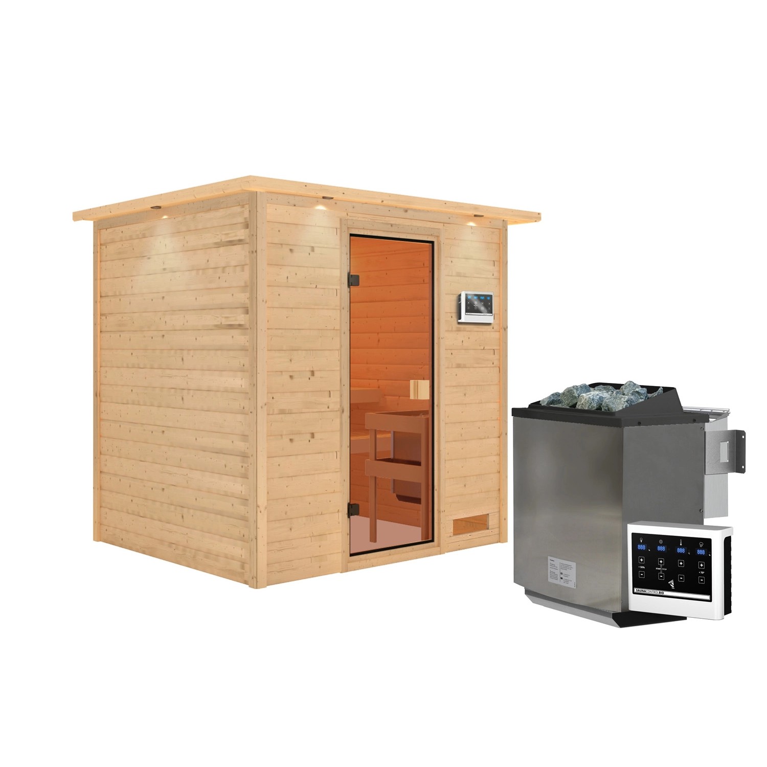 Karibu Sauna Adelina mit Kranz Naturbelassen mit Ofen 9 kW Bio ext. Steuerung.