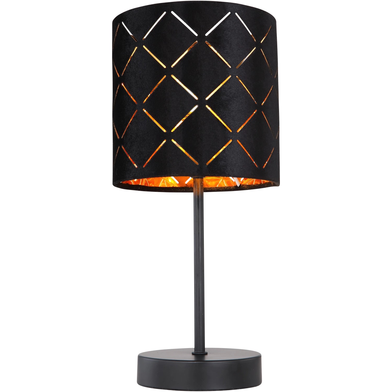 Schwarze Globo Tischlampe Sunna mit Dekorstanzungen, 15x35cm. Design-Tischleuchte für Wohnraum.