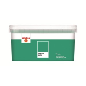 Alpina Innenfarbe Pantone Emerald 1 l Grün. Matter Wandfarben-Eimer mit Alpina Logo und Farbmuster für lebendige Wände.
