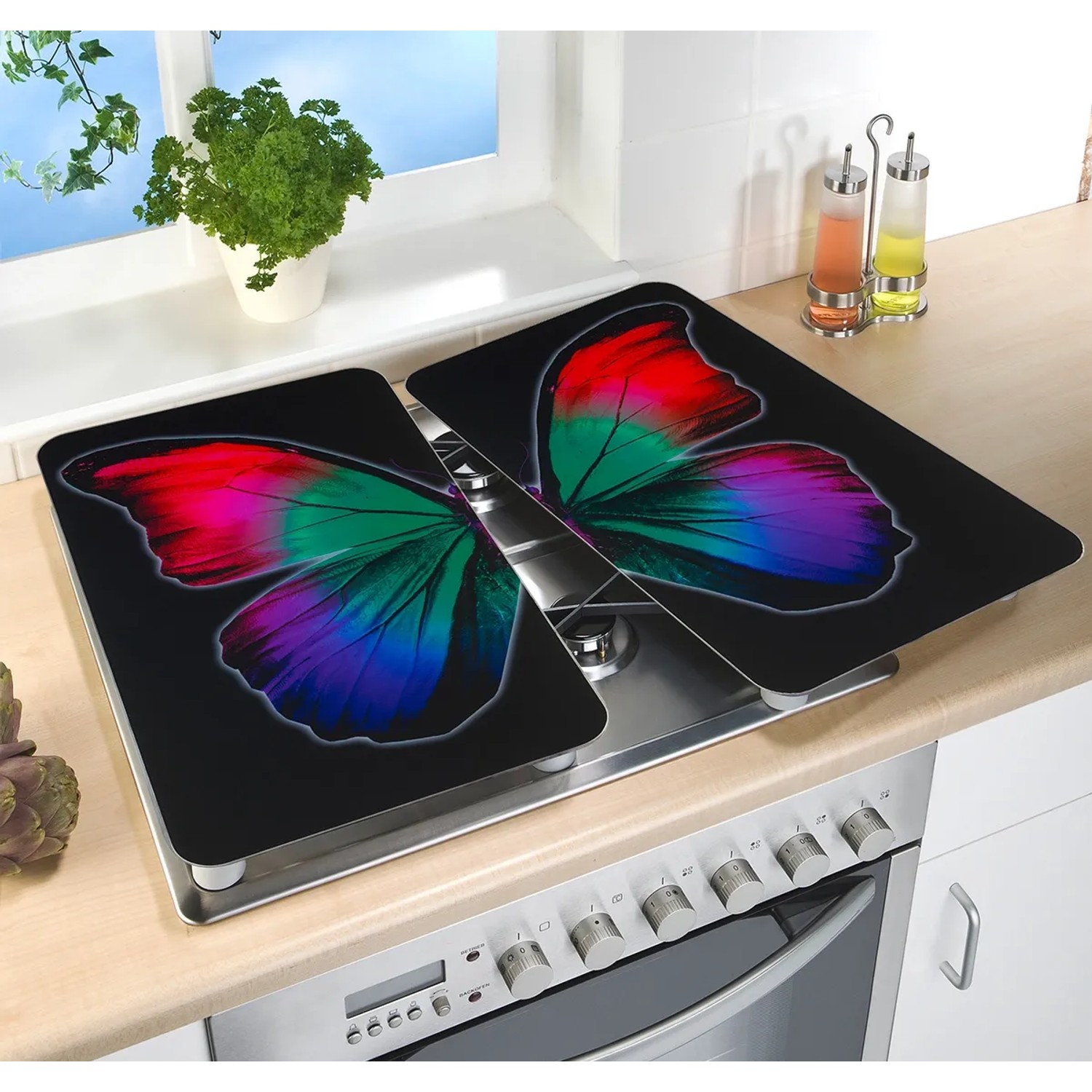 Wenko Herdabdeckplatten Butterfly by Night, 2er Set mit farbigem Schmetterlingsmotiv.