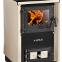 Justus Küchenofen Rustico 50 in Creme/Schwarz mit Kochplatte und Flammen im Brennraum.