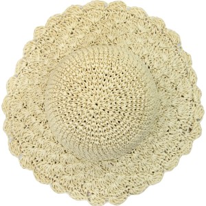 Beiger Damen Strohhut aus Papierkordel mit Muschel-Struktur und breiter Krempe. Sonnenhut für Gartenbekleidung.