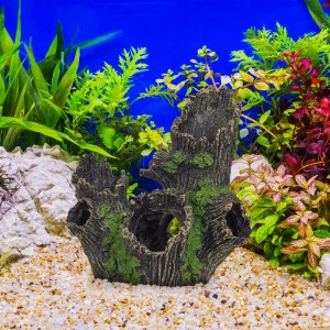 Relaxdays Aquariumdeko Baumstamm Polyresin Schwarz Grün 5 Eingänge 16,5 x 15,5 x 11 cm