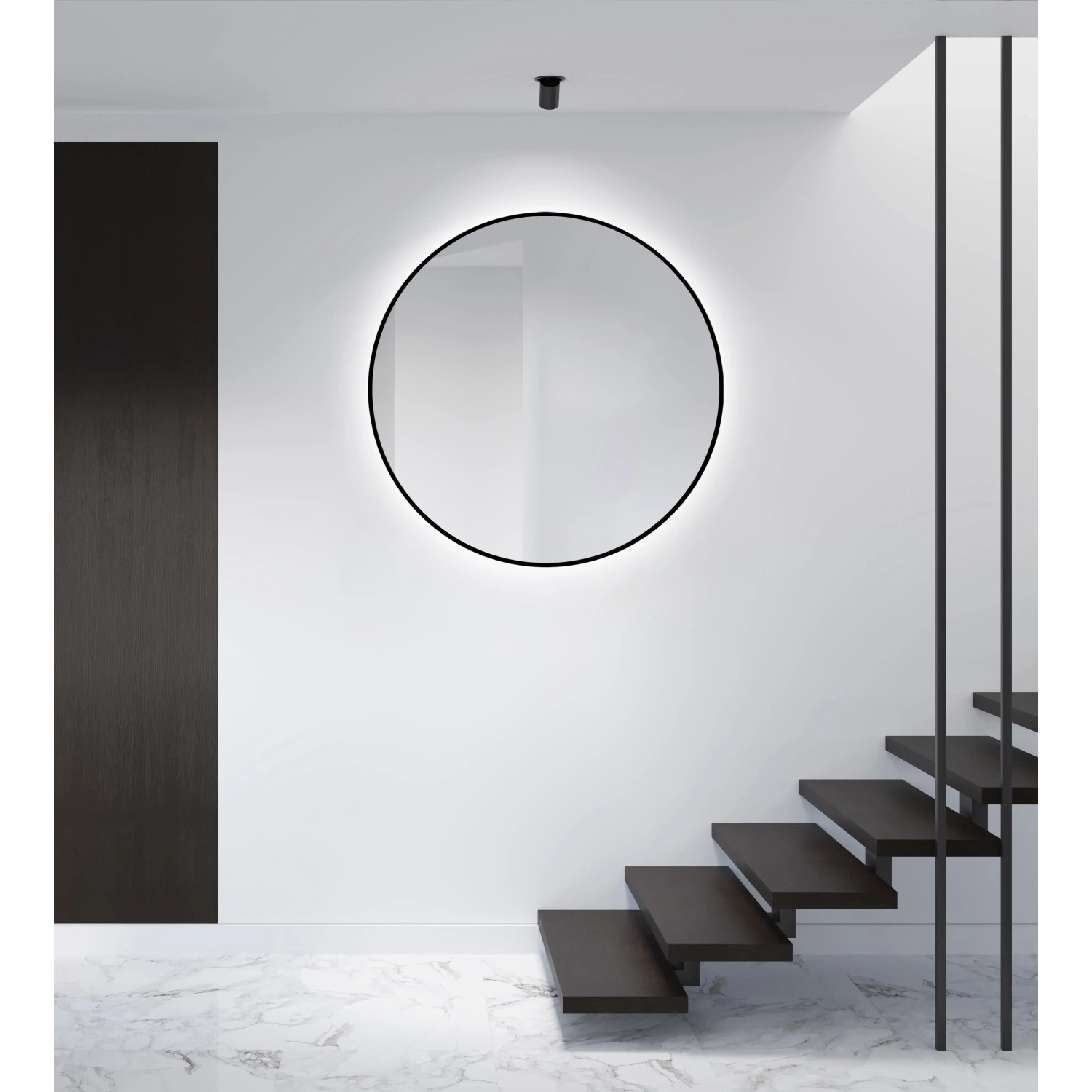 Runder DSK Design LED-Lichtspiegel Silver Globo, Ø 100 cm, mit schwarzem Rahmen und umlaufender Beleuchtung.