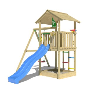 Jungle Gym Spielturm Beacon mit blauer Rutsche und Schaukel aus Holz.